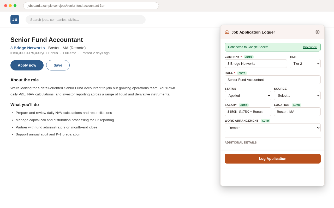 Job Application Logger popup showing auto-filled company, role, salary, and location fields over a job posting page